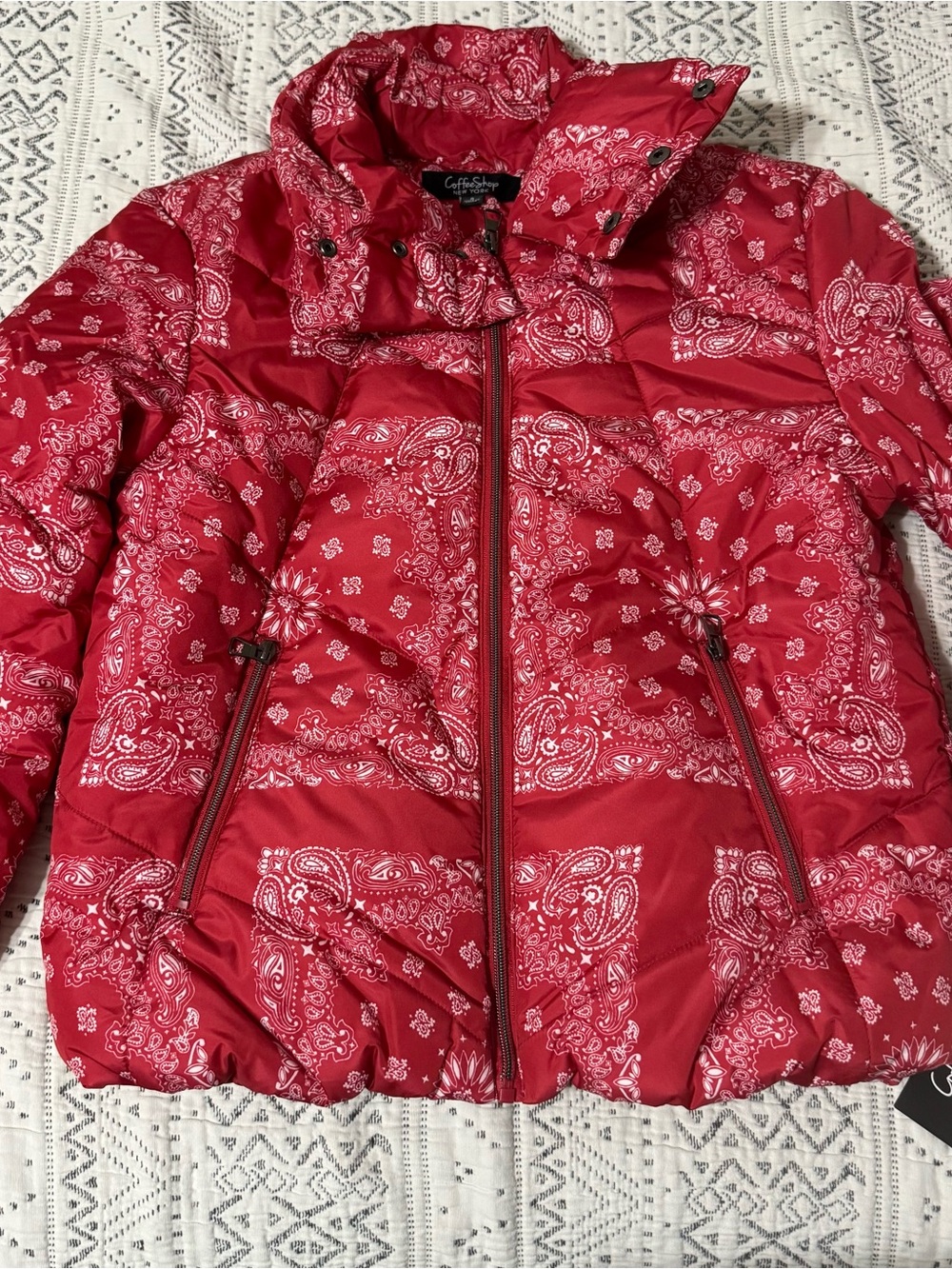 CoffeeShop Red Bandana-Print Puffer Coat